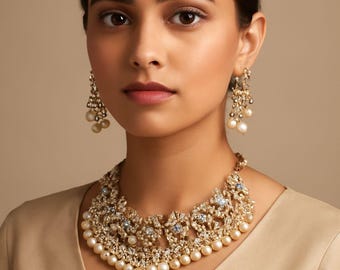 Puede incluir: Un collar dorado y un juego de pendientes a juego. El collar presenta un diseño floral con detalles claros y azul claro, y una fila de grandes perlas redondas de color crema. Los pendientes tienen un diseño similar, con perlas colgantes.