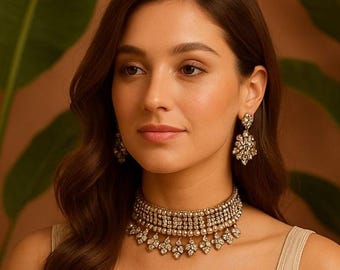 Puede incluir: Un collar gargantilla dorado y pendientes a juego con piedras preciosas claras y brillantes. El collar presenta múltiples filas de piedras y un diseño de gota de inspiración floral. Los pendientes tienen un diseño floral similar. La persona lleva las joyas.