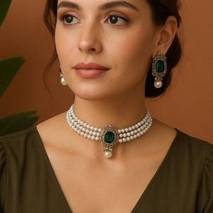 Può includere: Una collana di perle a tre fili con un pendente centrale in pietra color smeraldo e orecchini abbinati. I gioielli presentano un'ornata lavorazione del metallo e una perla pendente. La donna nell'immagine indossa un top verde scuro.