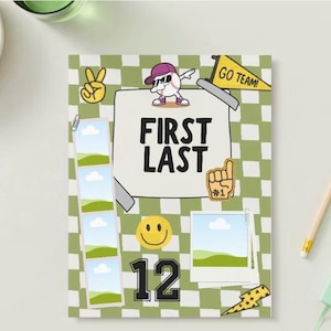 May include: A rectangular sign with a sage green and white checkerboard background featuring the text FIRST LAST and the number 12. Graphics include a baseball character, a yellow peace sign, a pennant, a foam finger, and photo frames.