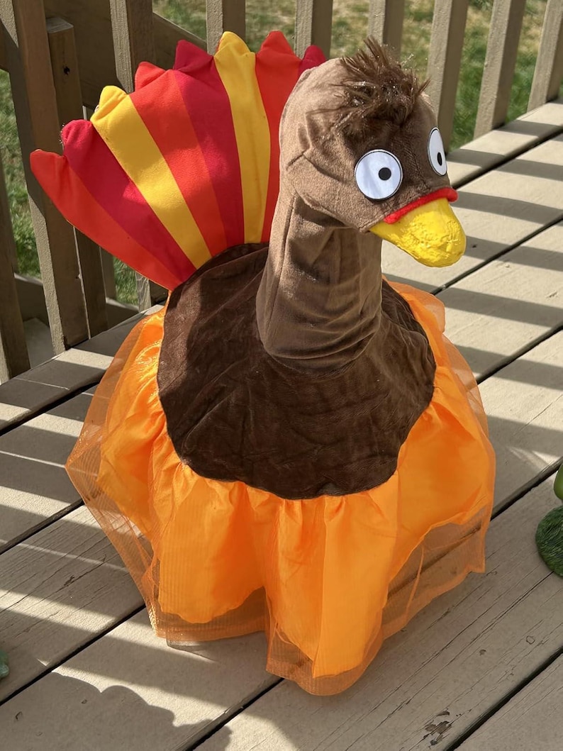 May include: A plush turkey costume with a brown head, large white eyes, and a yellow beak. The costume features a brown body, an orange tutu, and a colorful fan tail with red, orange, and yellow stripes. Perfect for Thanksgiving or Halloween.
