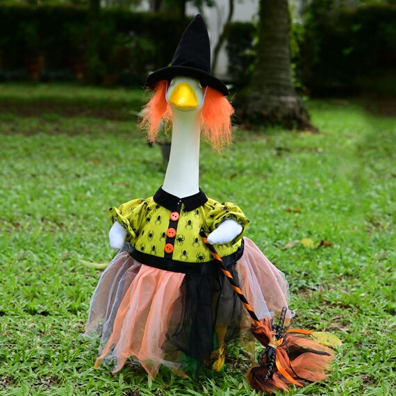 Witch Porch Goose Outfit | 23 Inch Lawn Goose Halloween Costume | Spider Dress, Witch Hat & Broom | Spooky Fall Yard Decor | Goose Clothes