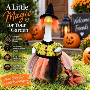 May include: A white goose figurine dressed as a witch, wearing a black pointed hat, orange hair, and a yellow dress with a black spider pattern. The goose wears a layered orange and black tulle skirt and holds a small broom with orange and black stripes.
