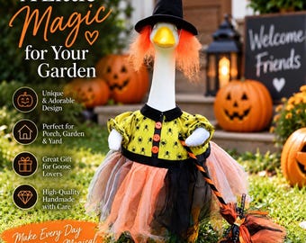 Witch Porch Goose Outfit | 23 Inch Lawn Goose Halloween Costume | Spider Dress, Witch Hat & Broom | Spooky Fall Yard Decor | Goose Clothes
