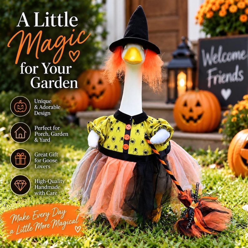 May include: A white goose figurine dressed as a witch, wearing a black pointed hat, orange hair, and a yellow dress with a black spider pattern. The goose wears a layered orange and black tulle skirt and holds a small broom with orange and black stripes.