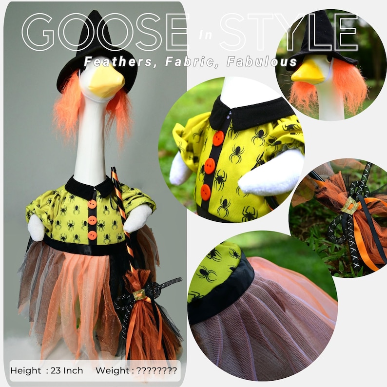 May include: A goose figurine wearing a black witch hat with orange hair, a yellow dress with a black spider pattern, orange buttons, and a layered orange and black tulle skirt. It holds a miniature broomstick. The text reads GOOSE in STYLE.