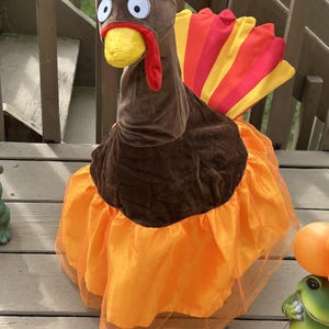 May include: A plush turkey costume with a brown head and body, a yellow beak, and a red wattle. The costume features a vibrant orange tutu skirt and colorful tail feathers in shades of yellow, orange, and red. Perfect for Thanksgiving or Halloween.