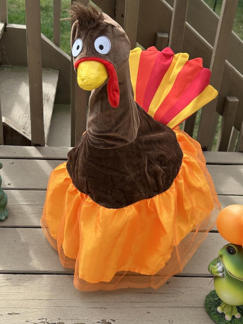 May include: A plush turkey costume with a brown head and body, a yellow beak, and a red wattle. The costume features a vibrant orange tutu skirt and colorful tail feathers in shades of yellow, orange, and red. Perfect for Thanksgiving or Halloween.