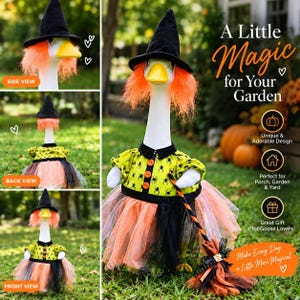 May include: A white goose figurine wearing a black witch hat, bright orange hair, and a lime green dress with a black spider pattern. The dress features a layered tulle skirt in orange and black. The goose holds a miniature broom with orange and black bristles.