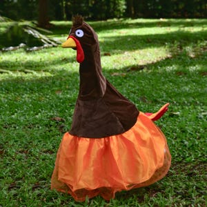 May include: A whimsical chicken costume with a brown head and neck, a yellow beak, and a red wattle. The costume features an orange skirt. The outfit is designed for a fun, playful look.