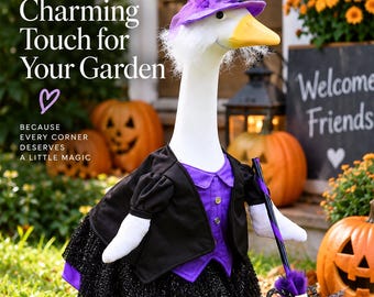 Purple Witch Porch Goose Outfit | 23 Inch Lawn Goose Halloween Costume | Black Purple Dress, Witch Hat  Broom | Spooky Fall Yard Decor