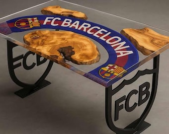 Individueller FC Barcelona Resin Tisch, Holz & Epoxy Möbel, Geschenk für Fußballfan, handgefertigtes Design
