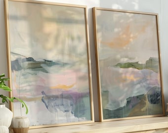 Set of 2 Dreamy Pastel Abstract Landscape Digital Art Prints | Pink, Green Blue Printable Decor | Soft Watercolor Diptych | Instant Download