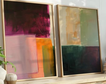 Set of 2 Modern Geometric Color Block Digital Art Prints | Burgundy, Sage, Orange Printable Decor |  Layered Diptych | Instant Download