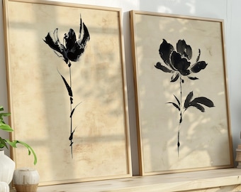 Set of 2 Sumi-e Abstract Ink Brush Art | Digital Download | Minimalist Zen Printable Wall Art | Elegant Floral Diptych