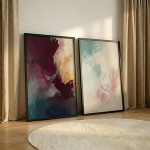Conjunto de 2 láminas artísticas en burdeos, verde azulado y dorado, póster abstracto y dramático para oficina, arte mural expresivo y con carácter, descarga instantánea.
