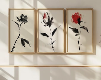 Set of 3 Sumi-e Abstract Ink Brush Art | Minimalist Camellia Digital Art Print | Zen Floral Printable Wall Decor | Instant Download