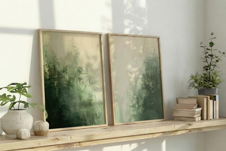 Set of 2 Dark Green and Cream Wall Art, Atmospheric Wabi Sabi Bedroom ...
