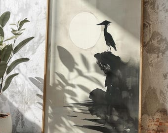 Cyfrowy wydruk artystyczny „Ptak w blasku księżyca” Sumi-e | Minimalistyczna sztuka ścienna w stylu zen | Japoński tusz do druku | Spokojna sylwetka do natychmiastowego pobrania