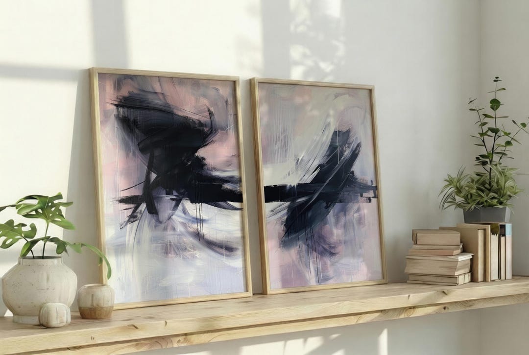 Set of 2 Black Blush Pink and White Abstract Art Prints, Chic Feminine ...