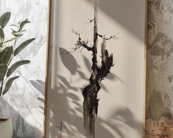 Sumi E Cypress Tree Ink Wash Print, Minimalist Japanese Zen, Matte