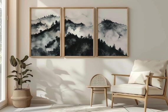 Set of 3 Sumi-e Mountain Landscape | Digital Download | Japanese