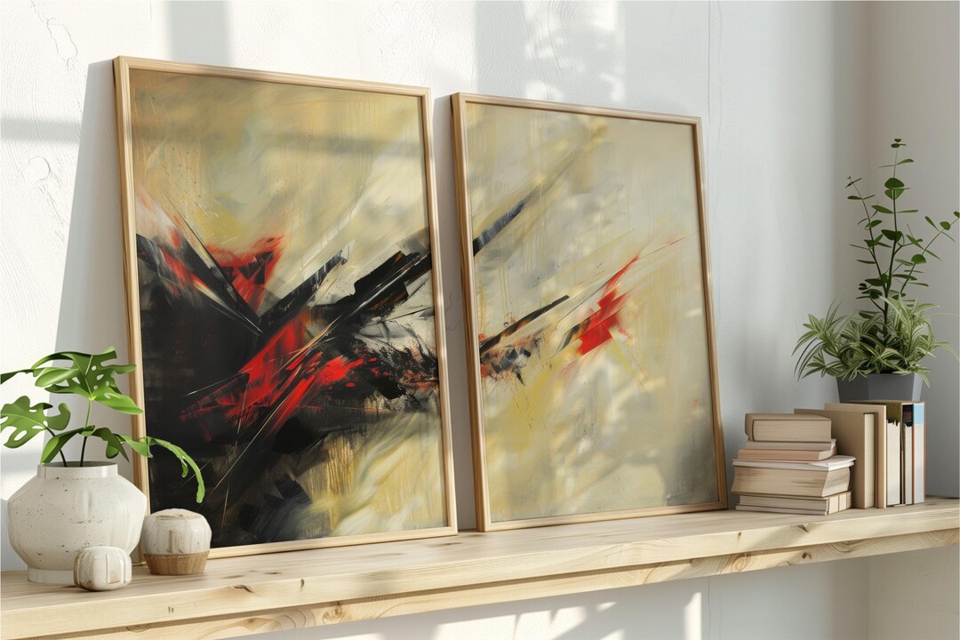 Set of 2 Black Red Beige Abstract Art Prints, Modern Japandi Wall Decor ...
