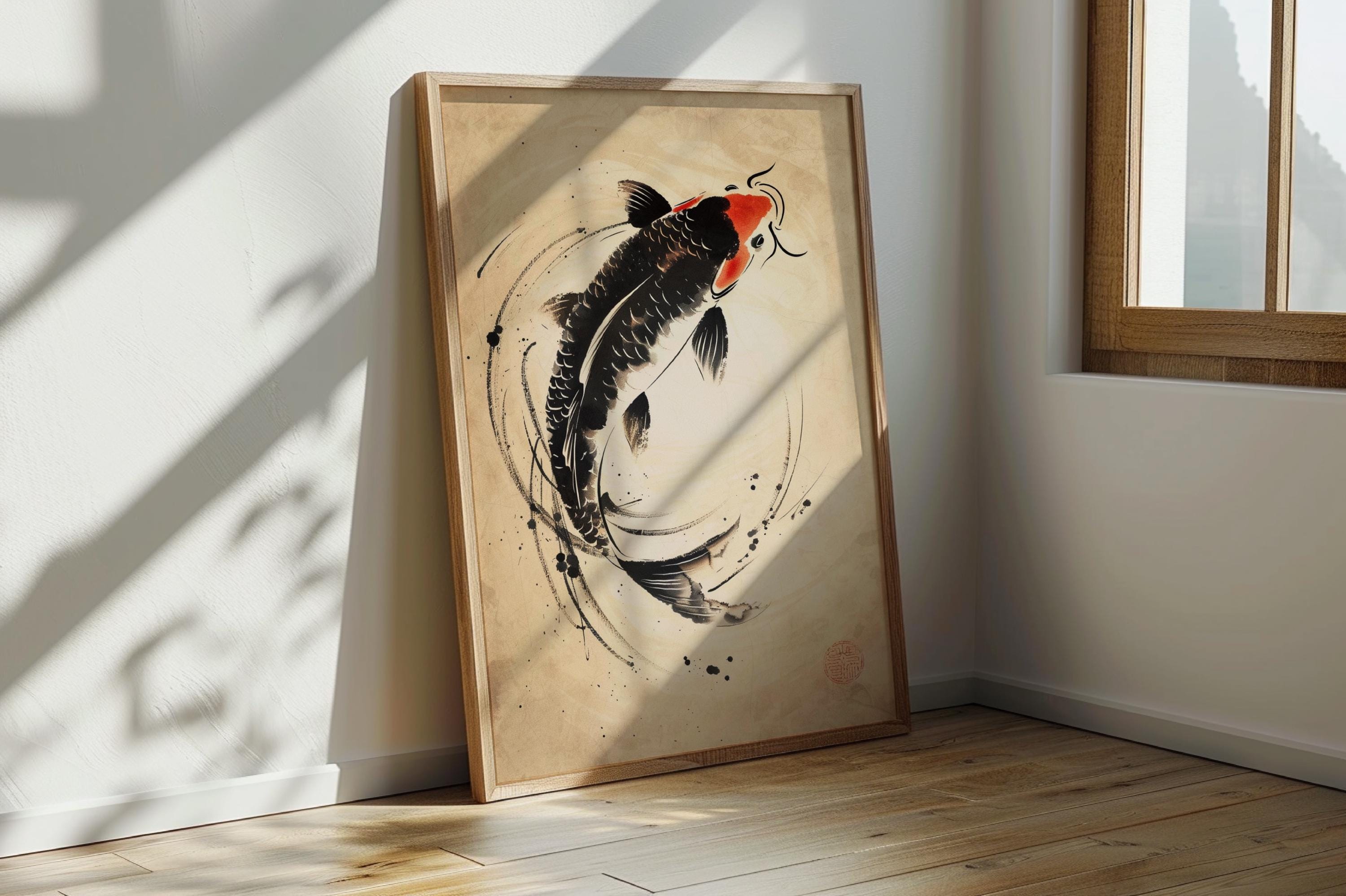 Sumi-e Koi Fish Digital Art Print | Minimalist Japanese Zen Painting ...
