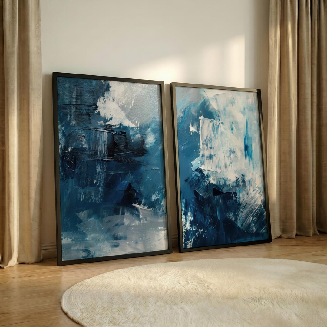 Set of 2 Navy Blue White and Black Wall Art, Dramatic Office Decor Art ...