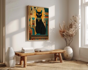 威厳のあるエジプトの黒猫のデジタルアートプリント | ミニマリストな