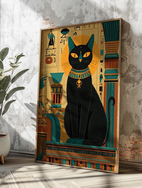 威厳のあるエジプトの黒猫のデジタルアートプリント | ミニマリストな
