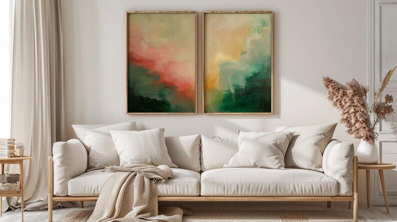 Set of 2 Earthy Landscape Digital Art Prints | Forest Green, Rust Red ...
