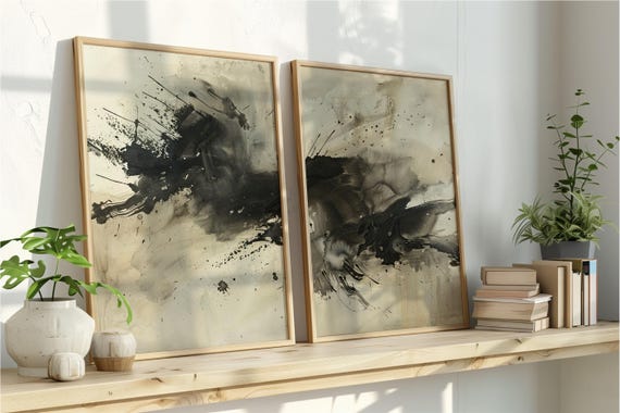 Set of 2 Japanese Ink Wash Digital Art Prints | Black & Beige Printable Decor | Zen Sumi-e Texture Diptych | Instant Download