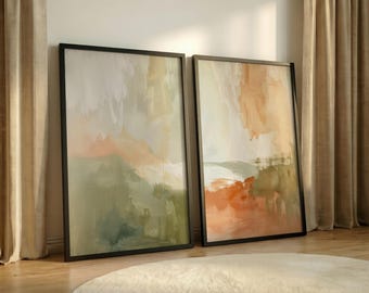 Set van 2 gebrande sinaasappel- en saliegroen kunstafdrukken, poster organische moderne slaapkamer, aardse abstracte minimalistische muurkunst, Instant Download