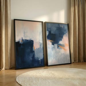 Set of 2 Navy Blue Blush Pink and Gold Posters, Dramatic Abstract Bedroom Wall Art, Moody Expressive Art Print, Instant Download