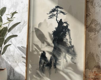 Sumi-e Misty Mountain Digital Art Print | Minimalist Japanese Zen Pine Tree | Abstract Mountain Printable Wall Decor | Instant Download