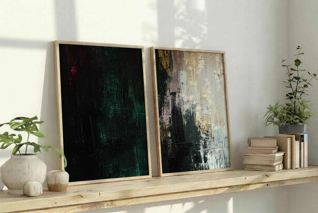 Set of 2 Black Emerald Gold and Blush Pink Abstract Art Prints ...