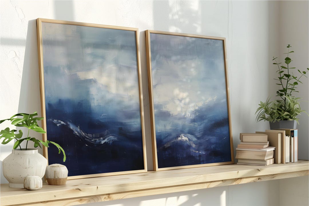 Set of 2 Navy Blue and White Abstract Art Prints, Modern Coastal Wall ...