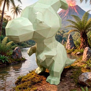 May include: A light green, geometric papercraft dinosaur stands on a mossy bank near a stream. The background features a volcano, palm trees, and the word "UNIQUEU".