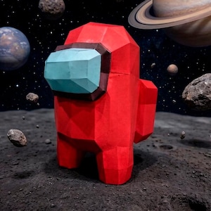 May include: A red Among Us character stands on a gray surface with planets and asteroids in the background. The character has a blue visor and the word "UNIQUEU" is at the bottom.