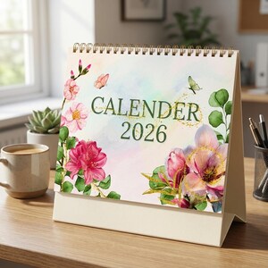 May include: A 2026 desk calendar with a floral design. The calendar displays the word "CALENDER" and the year in green script. Pink and red flowers, green leaves, and butterflies decorate the cover. The calendar is on a beige stand.