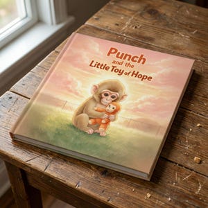 May include: A children's book titled "Punch and the Little Toy of Hope" with an illustration of a monkey embracing a toy monkey. The cover art has a soft, pastel colour palette with a sunset background and a grassy field.