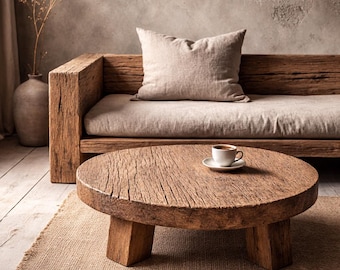 Handmade Rustic Oak Round Coffee Table | Solid Reclaimed Wood | Farmhouse Living Room Furniture