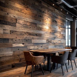 May include: A rustic dining room featuring a reclaimed wood accent wall. A dark wood table with a black metal base is surrounded by leather and fabric chairs. The room has a warm, inviting atmosphere with natural light.