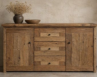 Komoda z litego dębu XIX wiek, ręcznie wykonana z odzyskanego drewna, naturalna patyna, styl rustykalny