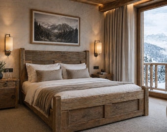 Rustykalne łóżko z litego dębu z XIX wieku – oryginalna patyna, styl alpejski chalet, ręcznie wykonane, do sypialni z charakterem