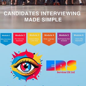 Op de afbeelding: Afbeelding ter promotie van sollicitatiegesprekken, met een diverse groep mensen die zitten. De tekst "CANDIDATES INTERVIEWING MADE SIMPLE" wordt weergegeven. Kleurrijke modules schetsen belangrijke onderwerpen zoals lichaamstaal.