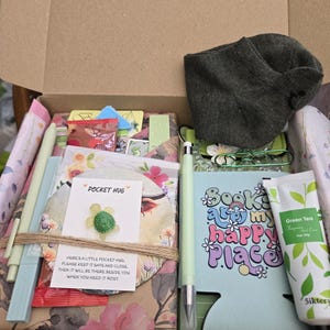 May include: An open cardboard box filled with various items. Includes a green pen, a green and white tube of Green Tea hand cream, a blue drink koozie with the text "Books are my happy place", and a small green turtle pin.