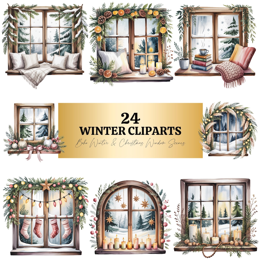 24 Boho Winter Window Scenes Clipart | Christmas Scenes | Printable ...