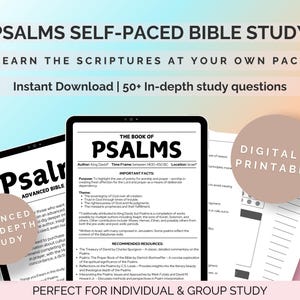Könnte beinhalten: Digitales und druckbares Bibelstudienheft für Psalmen. Das Bild zeigt ein Tablet mit dem Text "The Book of Psalms" und Studienfragen. Enthält den Text "Sofortiger Download | 50+ ausführliche Studienfragen" und "Perfekt für Einzel- und Gruppenstudien".